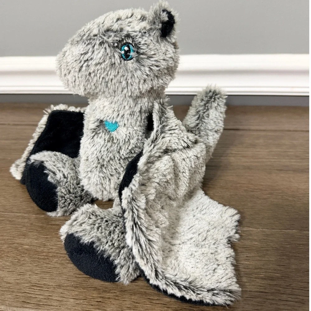 Grey Dragon Plush Stuffed Animal Winged Mythical Creature Teal Heart Grey Black